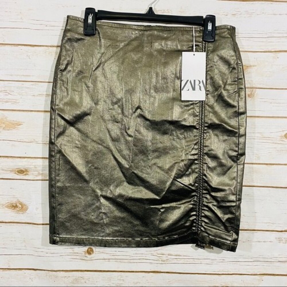 New‎ Zara metallic green pencil drawstring skirt size S